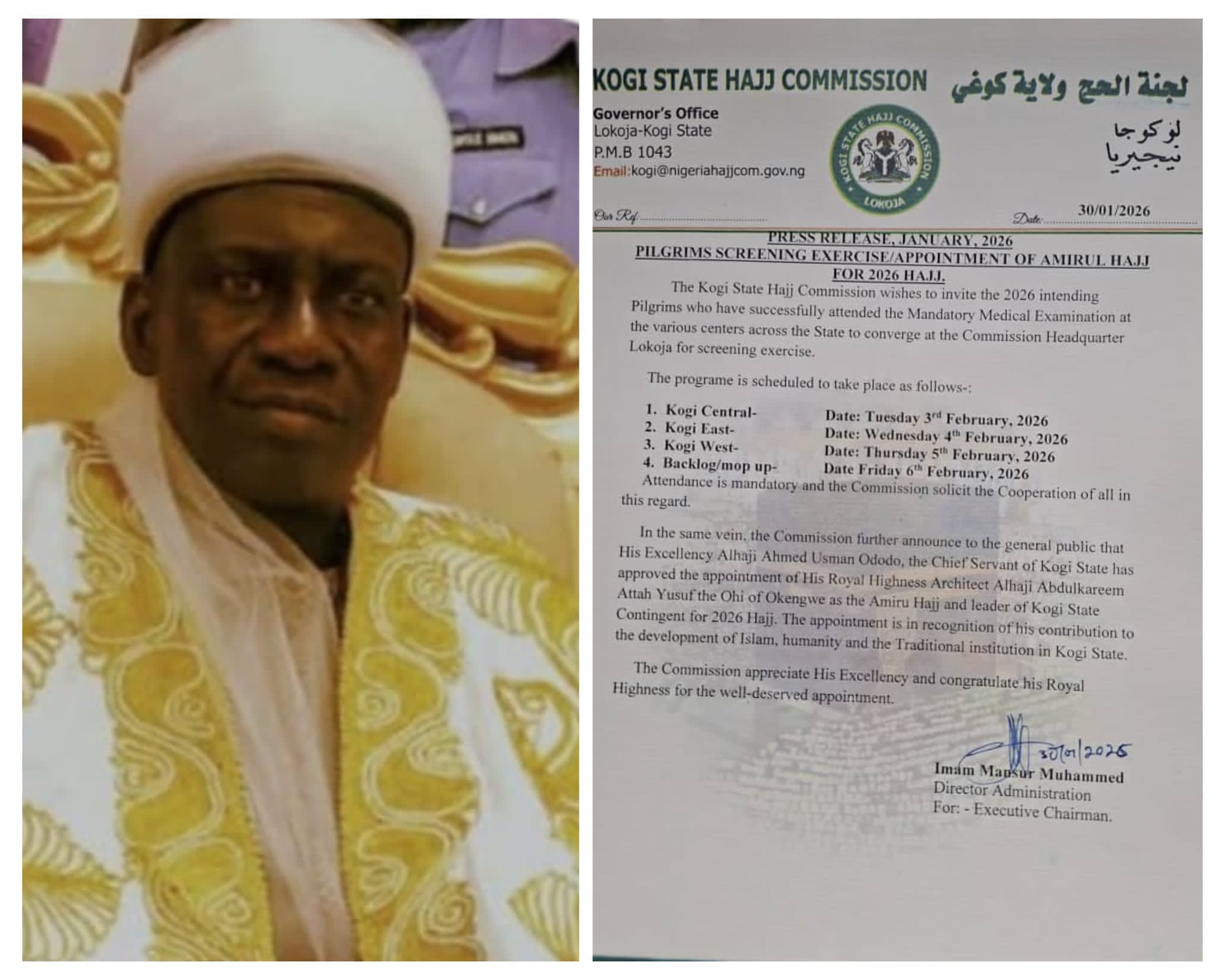 KOGI APPOINTS OHI OF OKENGWE AS AMIRUL HAJJ, ANNOUNCES SCREENING SCHEDULE FOR 2026 PILGRIMAGE